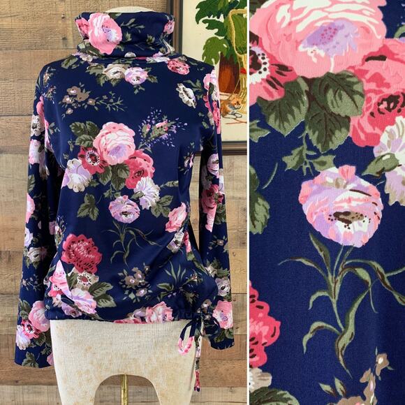 Vintage 1970’s Romantic Dark Floral Turtleneck Tie Waist Hem Size Medium - Picture 1 of 9